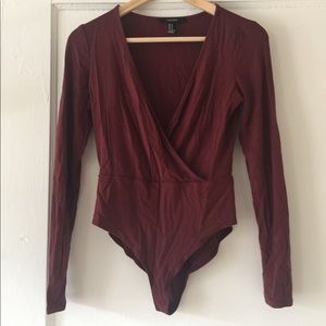 Forever 21 Maroon v neck long sleeved bodysuit